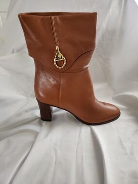 Mid-Calf Leather Heel Boot with Gold Accent in Cognac Brown